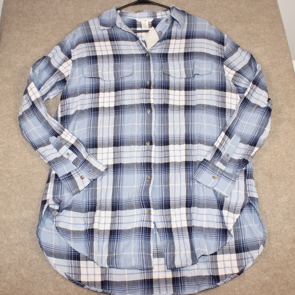 HM Blue White Plaid Button Down Tunic Shirt Womens Small Long Sleeve Pockets